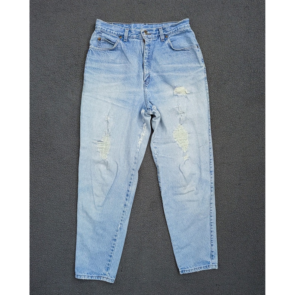 Vintage High Waisted Distressed Mom Jeans Light Wash Tapered Leg 29 Waist